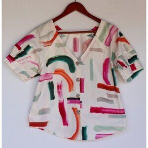 Anthropologie Aimee Clark Women's Small Ivory Blouse Graphic Cotton V-Neck Shirt